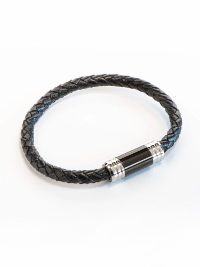 Bracelet homme tressé en cuir noir Arnaud 1 avec fermoir aimanté inox 2 tons Printemps-Été 2023 Kara Bijoux