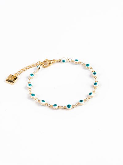 Bracelet délicat plaqué or 14K avec design de boules époxy avec oeil blanc, turquoise et noir Ivy 1 Collection printemps-été 2023 Kara Bijoux