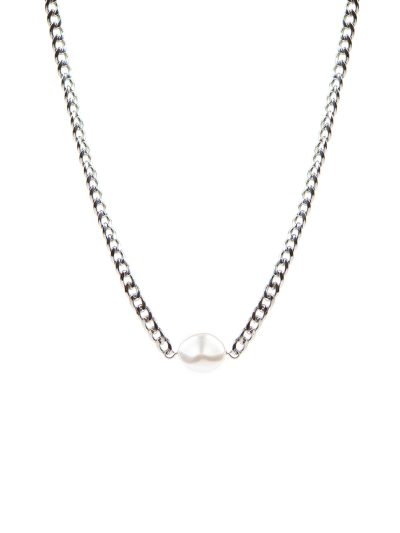 Collier court chaîne mailles courbes en acier inoxydable orné d'une perle baroque blanche au centre Ollie 1 été 2024 Kara Bijoux-1