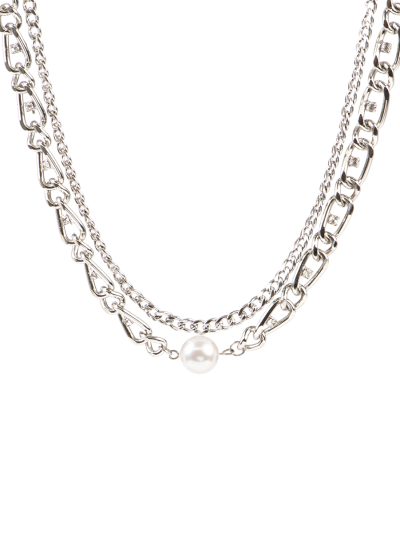 Collier court maxi 2 rangs chaînes à gros maillons avec grosse perle blanche et mini cristaux placage nickel et inox Margot 3 glamour automne 2024 Kara Bijoux-1