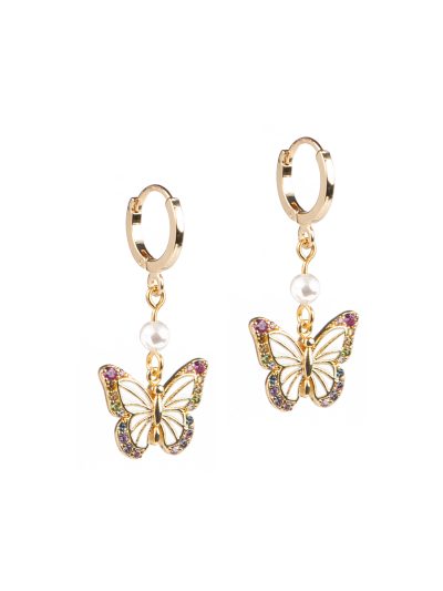 Boucles d'oreilles mini anneaux plaqués or 16K ornées de papillons or émail crème + cristaux multicolores et perle blanche Alma 2 Kara Bijoux-1