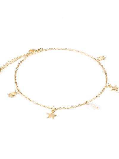 Chevillère en acier inoxydable or avec breloques étoiles, coquillges et bille de coquillage Iris 1 boho chic 2025 Kara Bijoux